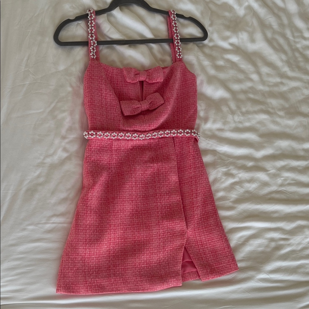 Self-Portrait Pink Tweed Dress with Bow and Pearl Details